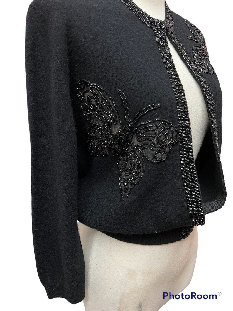 SOLD 1950 Vintage Black Beaded Soft Sweater with Butterfly Lace Cutouts Perfect