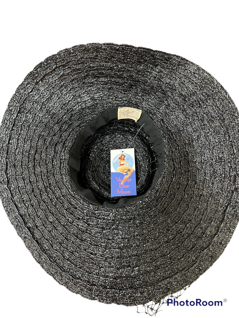 SOLD! 1950 Vintage Very Wide Brim Deep Black Straw Woven Hat with Pointed Crown Perfect and Rare