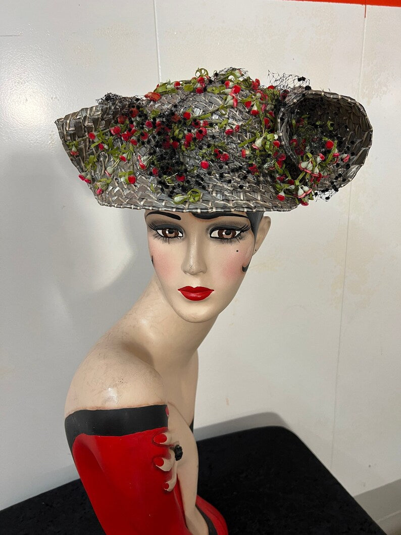 SOLD! 1940 Vintage Rare I & N Gorrias French Millinery Grey Straw Tilt Hat Fabulous Find