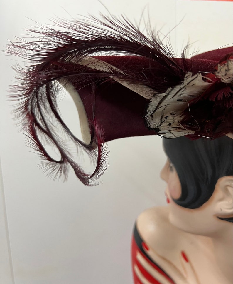 SOLD! 1940 Vintage Rare I & N Gorrias French Millinery Burgundy Tilt Hat Embellished with Feathers Fabulous Find