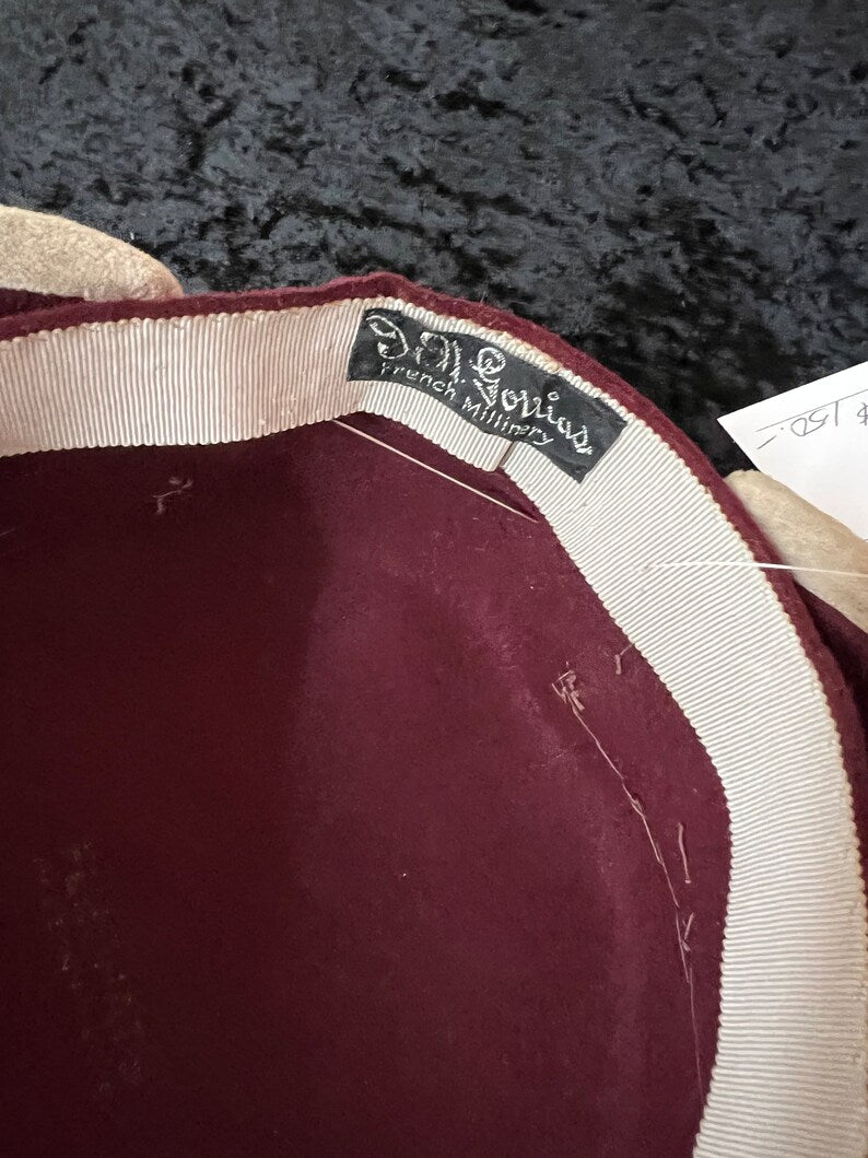 SOLD! 1940 Vintage Rare I & N Gorrias French Millinery Burgundy Tilt Hat Embellished with Feathers Fabulous Find
