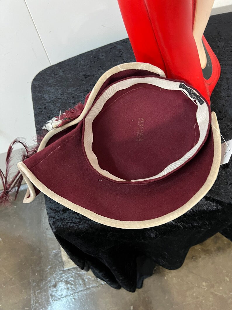 SOLD! 1940 Vintage Rare I & N Gorrias French Millinery Burgundy Tilt Hat Embellished with Feathers Fabulous Find