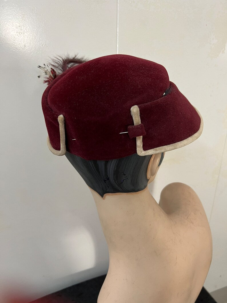 SOLD! 1940 Vintage Rare I & N Gorrias French Millinery Burgundy Tilt Hat Embellished with Feathers Fabulous Find