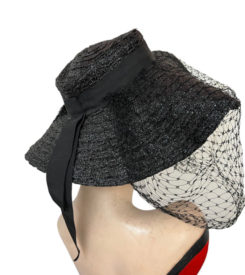 SOLD! 1950 Vintage Very Wide Brim Deep Black Straw Woven Hat with Pointed Crown Perfect and Rare