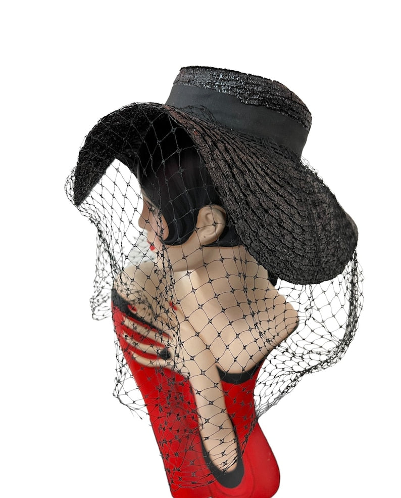 SOLD! 1950 Vintage Very Wide Brim Deep Black Straw Woven Hat with Pointed Crown Perfect and Rare