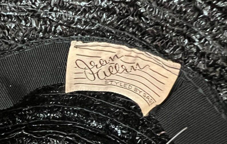 SOLD! 1950 Vintage Very Wide Brim Deep Black Straw Woven Hat with Pointed Crown Perfect and Rare