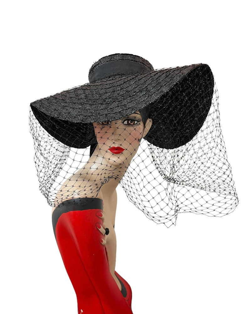 SOLD! 1950 Vintage Very Wide Brim Deep Black Straw Woven Hat with Pointed Crown Perfect and Rare