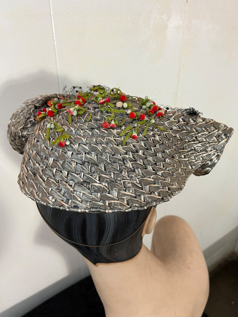 SOLD! 1940 Vintage Rare I & N Gorrias French Millinery Grey Straw Tilt Hat Fabulous Find