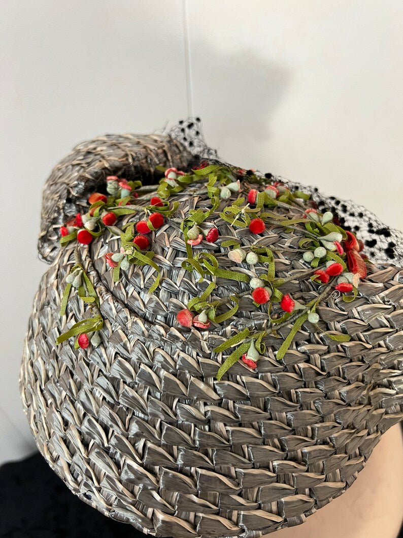 SOLD! 1940 Vintage Rare I & N Gorrias French Millinery Grey Straw Tilt Hat Fabulous Find