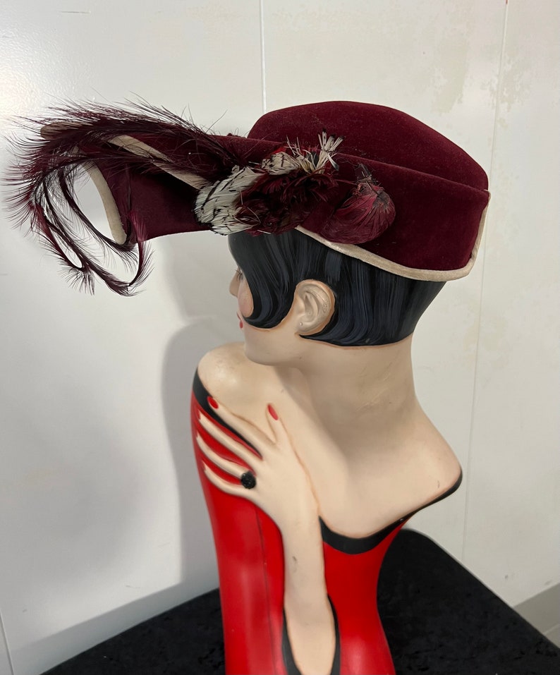 SOLD! 1940 Vintage Rare I & N Gorrias French Millinery Burgundy Tilt Hat Embellished with Feathers Fabulous Find