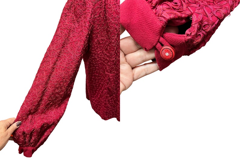1940s Soft Wool Fuchsia Red Soutache Embellished Evening Full Swing Coat Large Size Perfect
