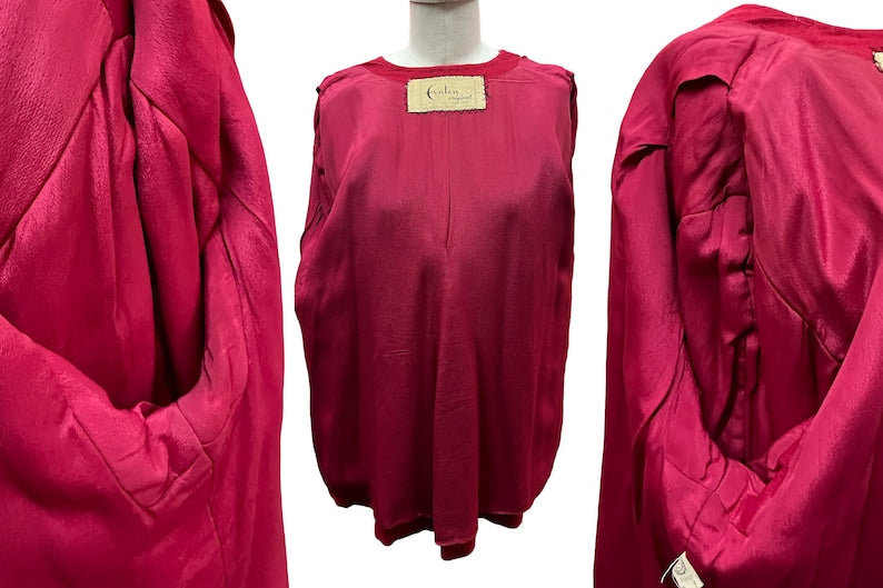 1940s Soft Wool Fuchsia Red Soutache Embellished Evening Full Swing Coat Large Size Perfect