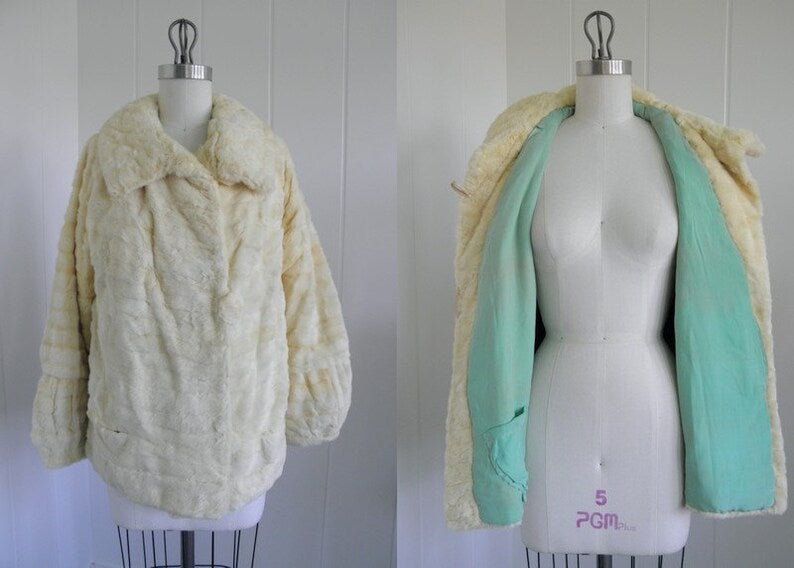 1930's Vintage Cream Fur Evening Party Coat Jacket Hip Length Beautiful