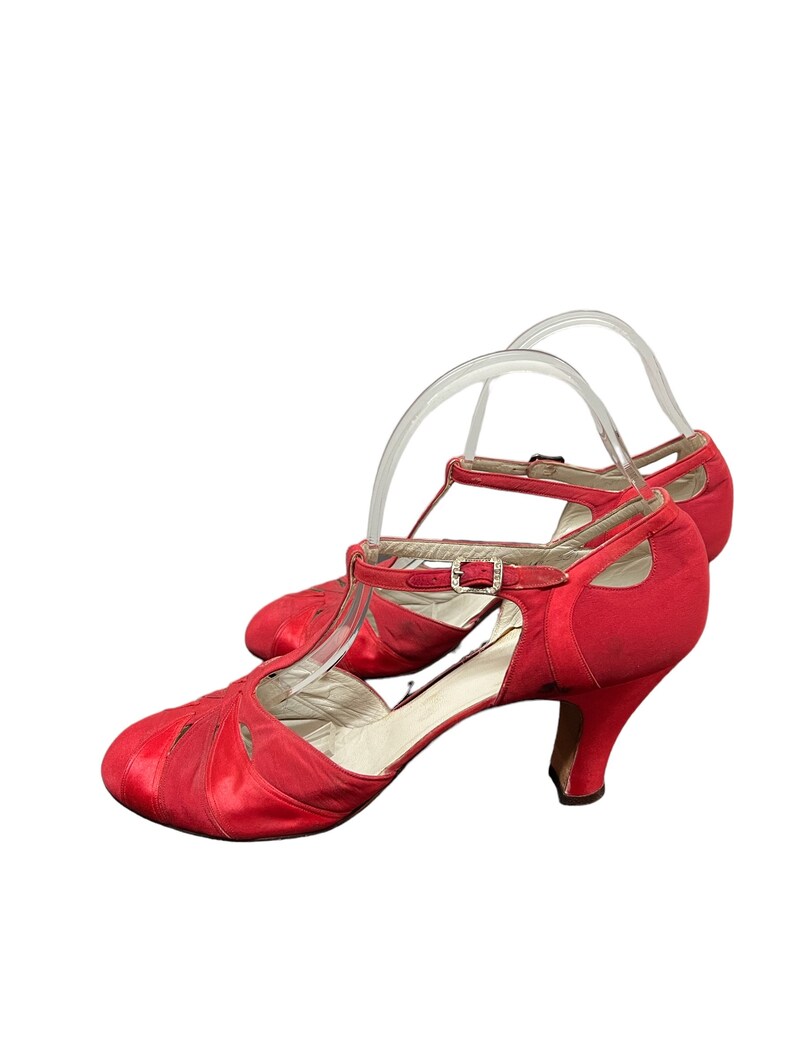 SOLD! 1920 Rare Vintage Size 9 Red Satin & Taffeta T Strap Evening Shoes Heels