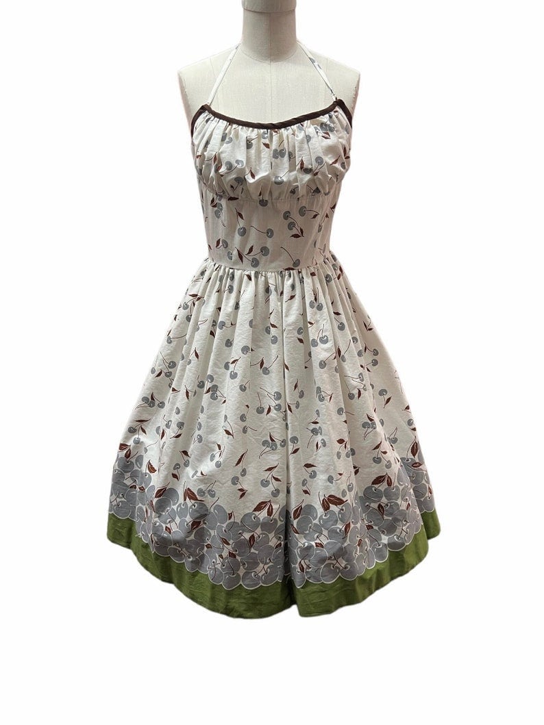 SOLD! 1950's Vintage Halter Strap Shelf Bust Cotton Summer Dress With Cherry Print (Copy)