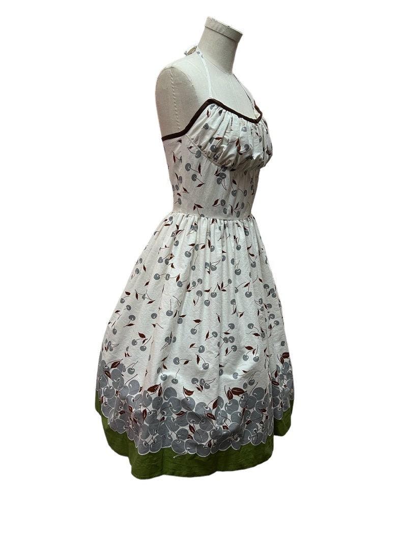 SOLD! 1950's Vintage Halter Strap Shelf Bust Cotton Summer Dress With Cherry Print (Copy)