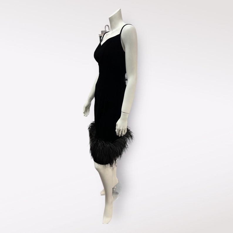 SOLD! 1960 Vintage Black Silk Velvet Cocktail Dress with Feather Trim Just Gorgeous