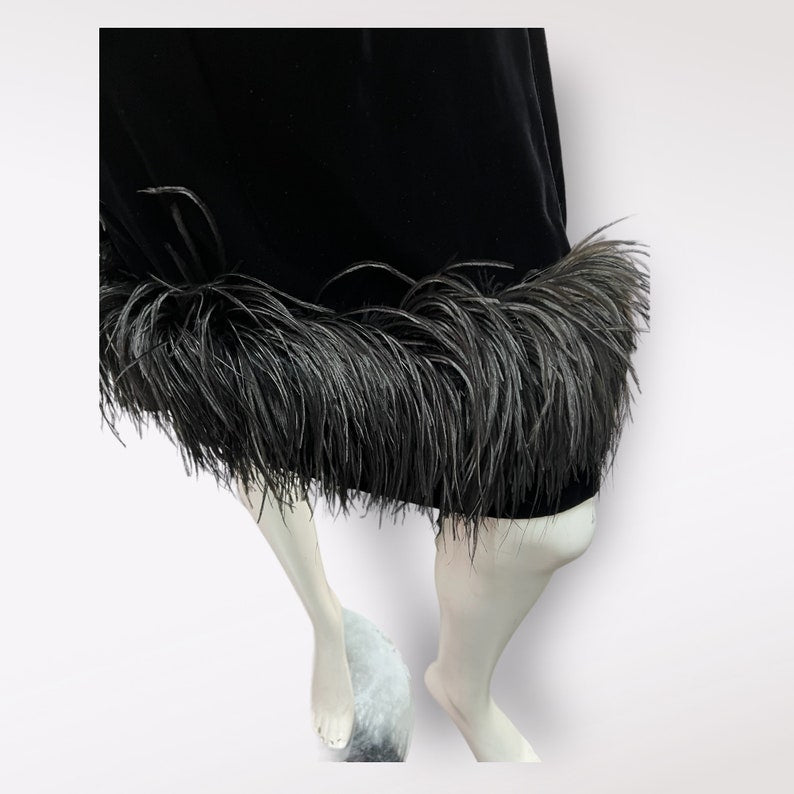 SOLD! 1960 Vintage Black Silk Velvet Cocktail Dress with Feather Trim Just Gorgeous
