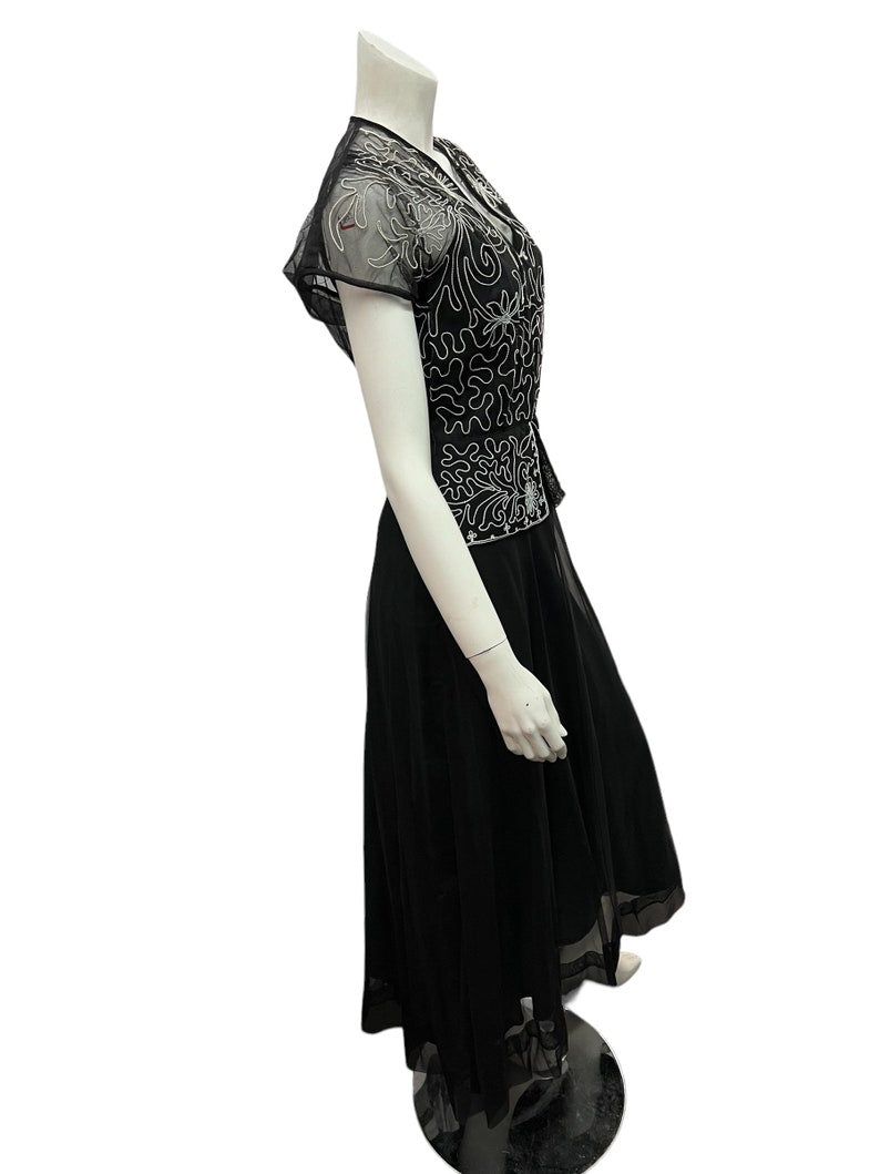 1930s 1940s Vintage Black Evening Gown with Soutache Embellishments Gorgeous