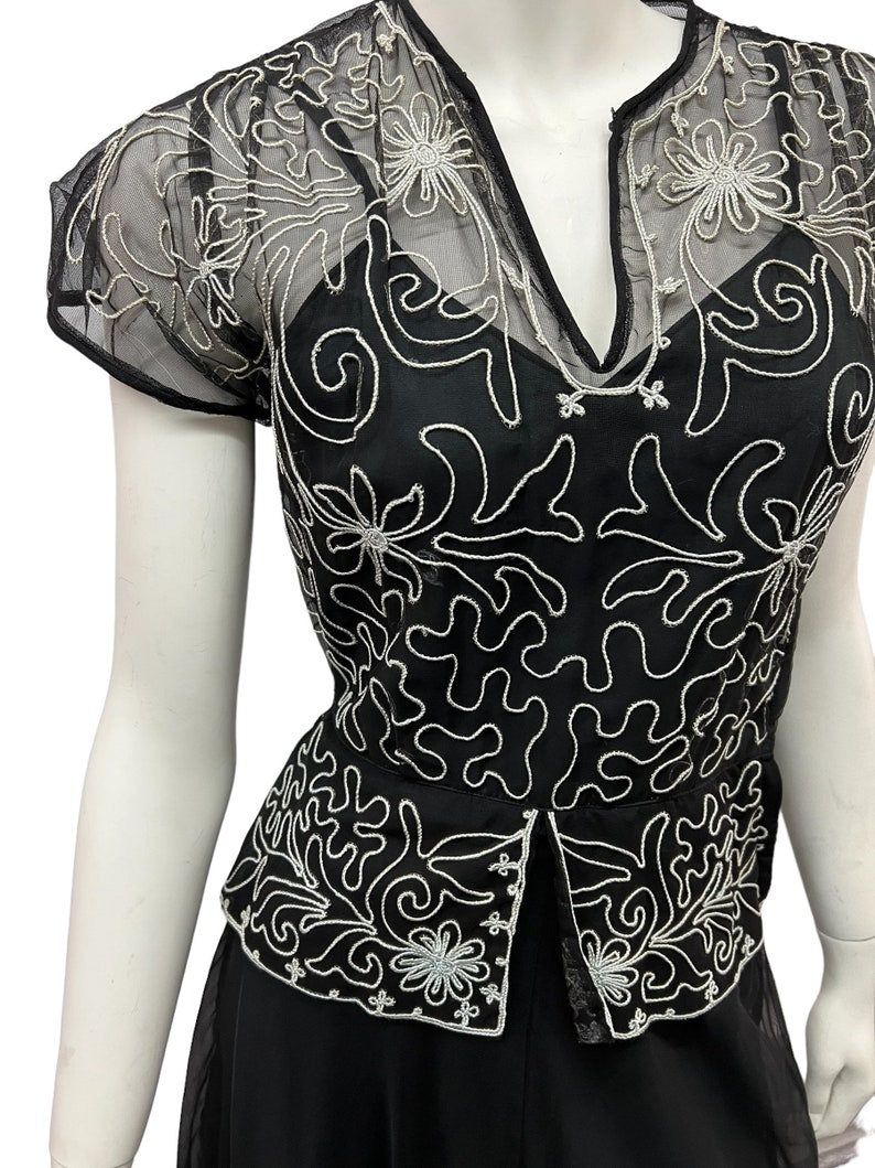 1930s 1940s Vintage Black Evening Gown with Soutache Embellishments Gorgeous