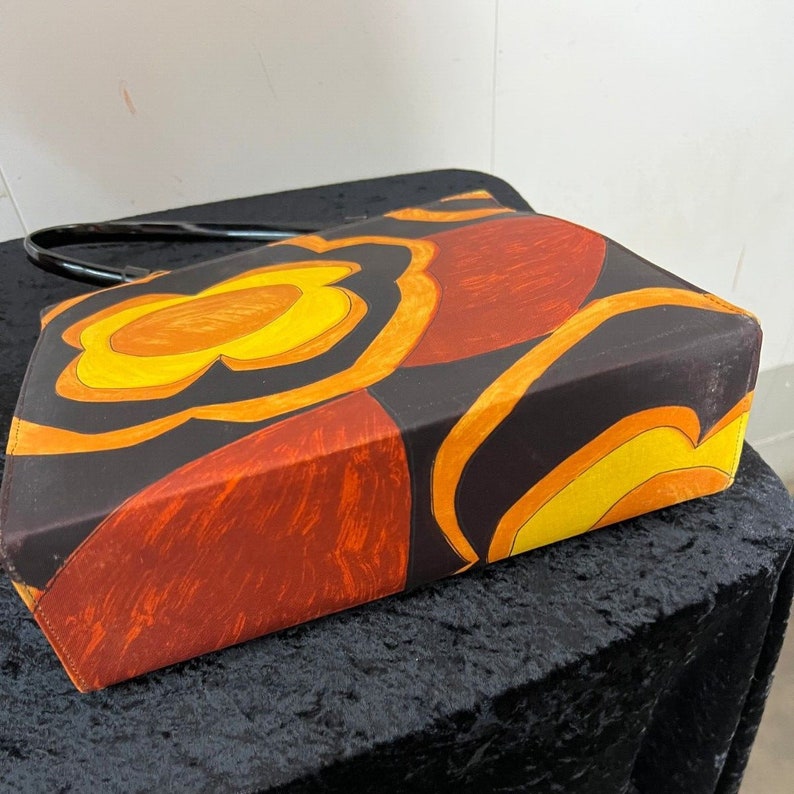 SOLD11960 Vintage Orange Yellow Black Print Fedora High Crown Hat Matching Hand Bag Set