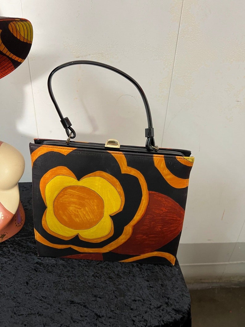 SOLD11960 Vintage Orange Yellow Black Print Fedora High Crown Hat Matching Hand Bag Set