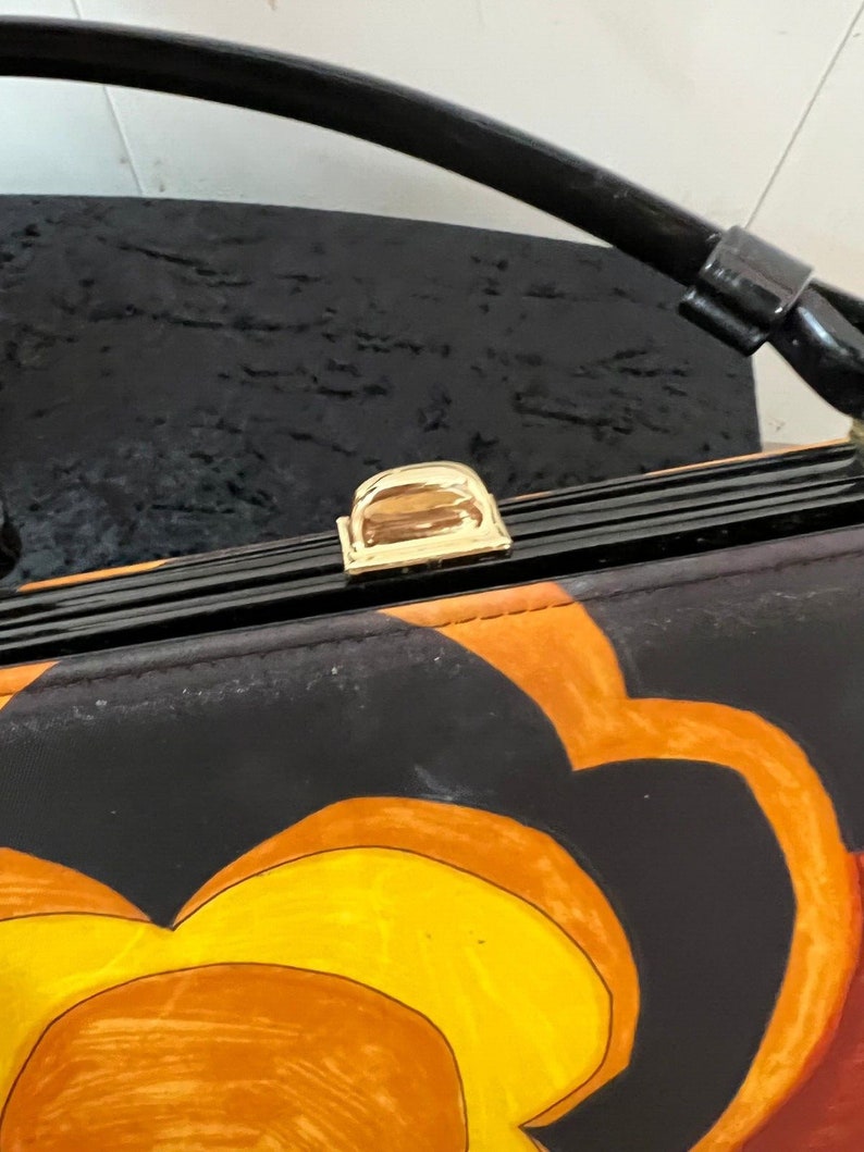 SOLD11960 Vintage Orange Yellow Black Print Fedora High Crown Hat Matching Hand Bag Set