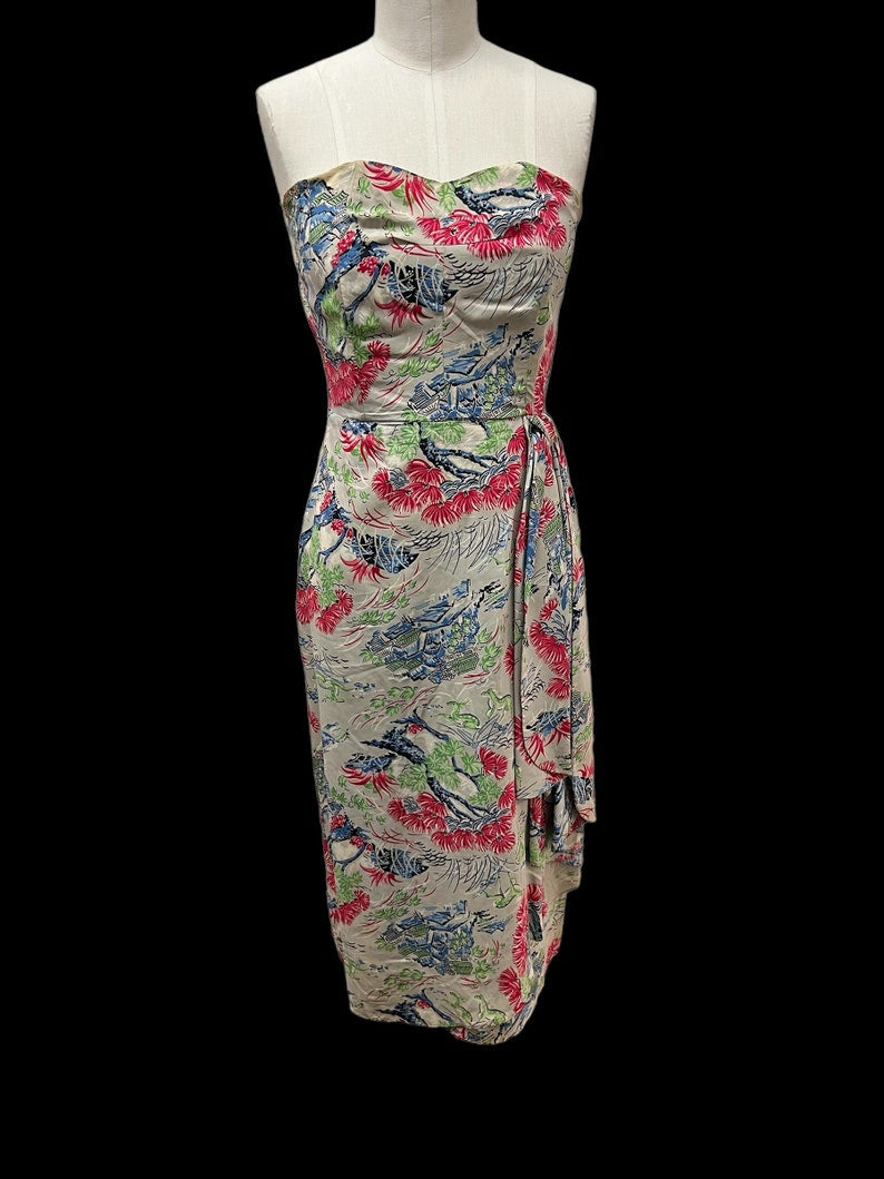 SOLD! 1940 Vintage Cold Rayon Hawaiian Print Sarong Dress Rockabilly VLV Rockabilly