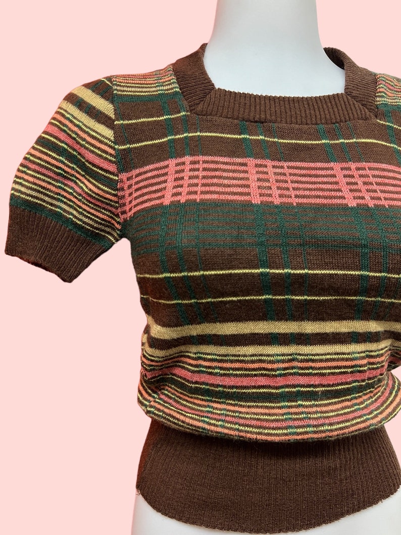 SOLD! 1960 Does 1940 Vintage Pullover Short Waist Brown Stripped Sweater Perfect