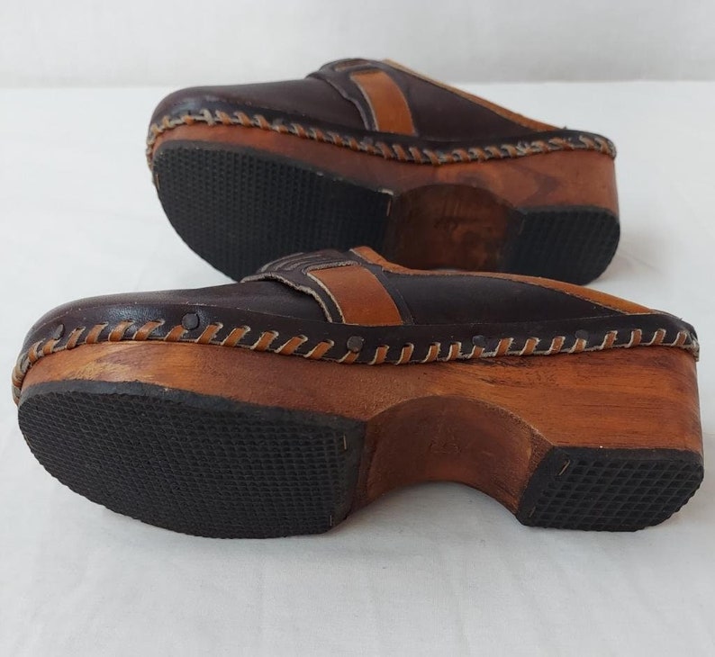 1970 Vintage Cobec Wood & Leather Clogs So Cool! Size 6