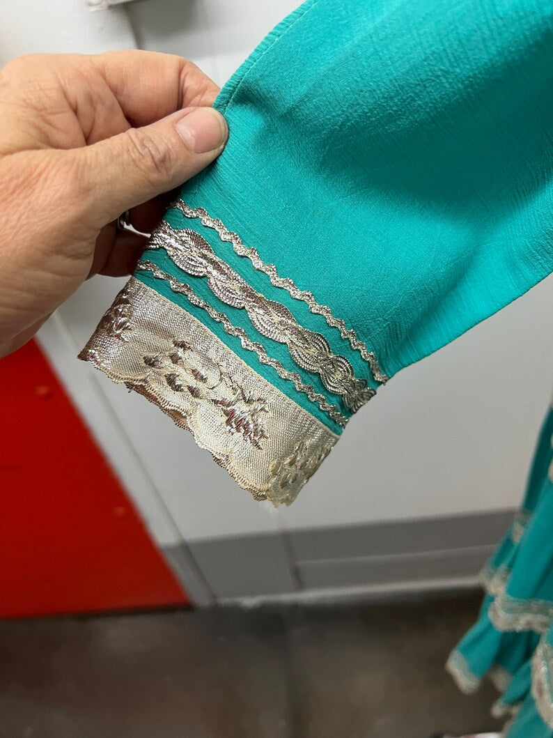 SOLD! 1940's 1950's Vintage Teal Blue and Silver Patio Skirt and Blouse Set
