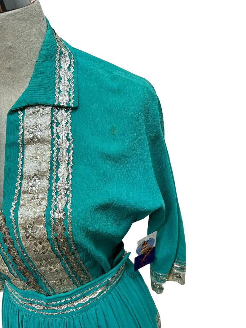 SOLD! 1940's 1950's Vintage Teal Blue and Silver Patio Skirt and Blouse Set