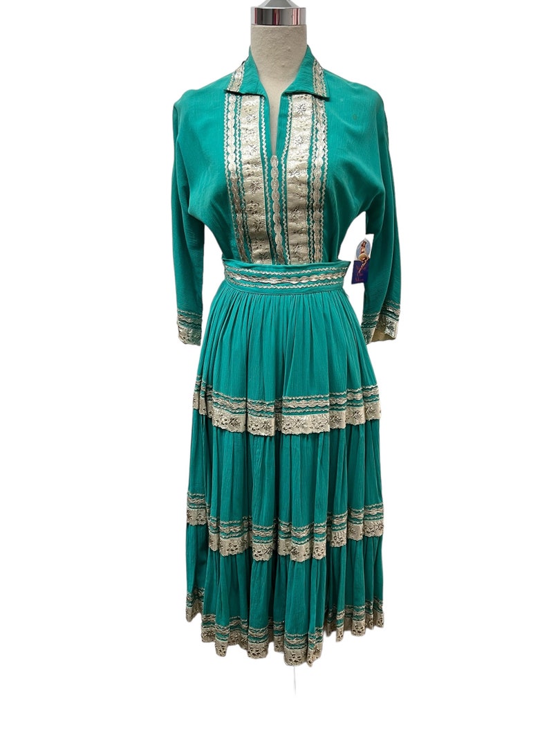 SOLD! 1940's 1950's Vintage Teal Blue and Silver Patio Skirt and Blouse Set