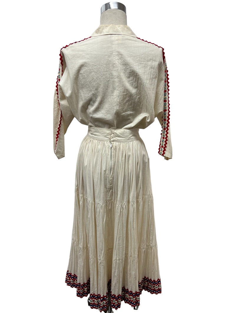 SOLD! 1940 1950 Vintage Size 14 Creamy White Embellished Red Blue Ric Rack Trim Patio Set Skirt Blouse Set