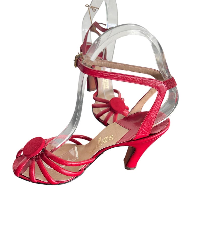 SOLD! 1940 1950 Vintage Size 6.5 Red Leather Ankle Strap Heels Shoes Beautiful Condition