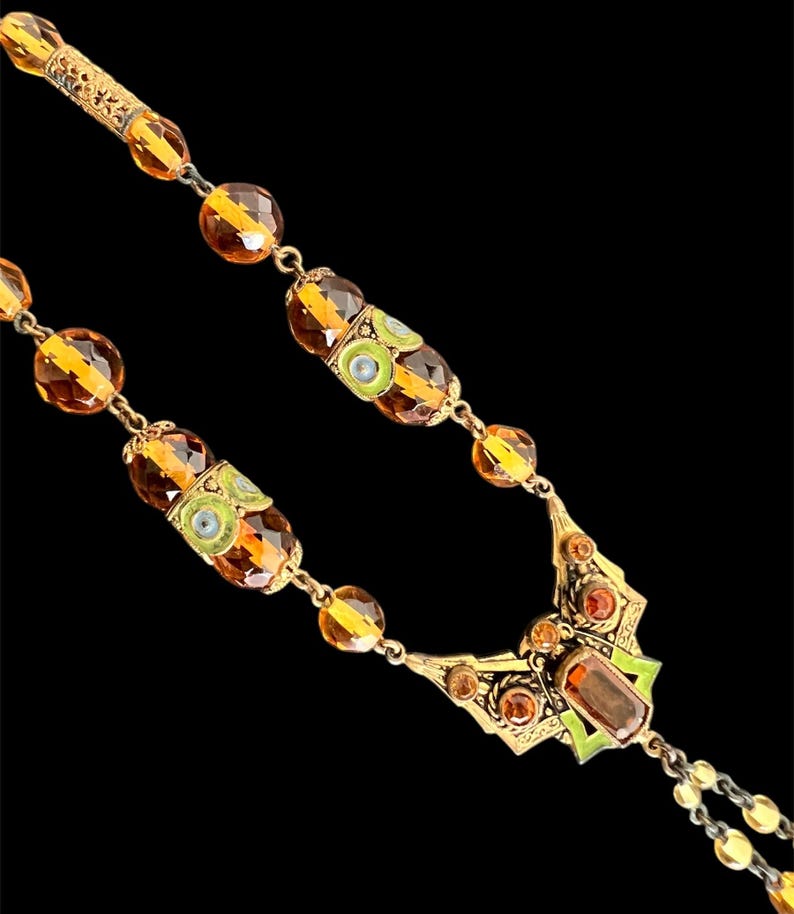 SOLD! Antique Art Nouveau 1880 - 1914 Czech Amber Glass Elaborate Filigree Brass Metal and Enameled Long Necklace