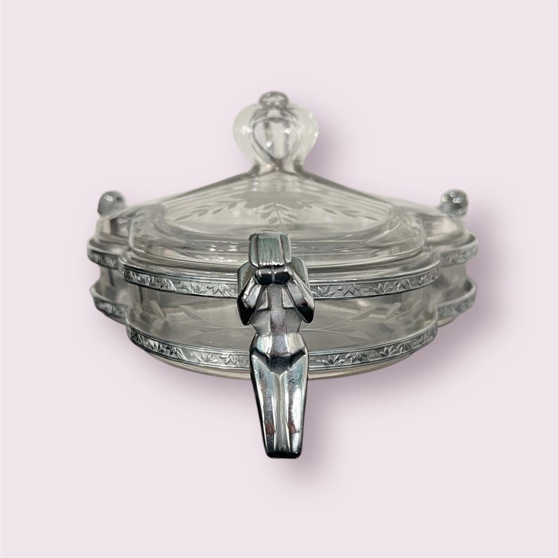 SOLD! 1930 Rare Art Deco Chrome and Glass Weeping Woman Antique Farber ware Condiment Serving Bowl