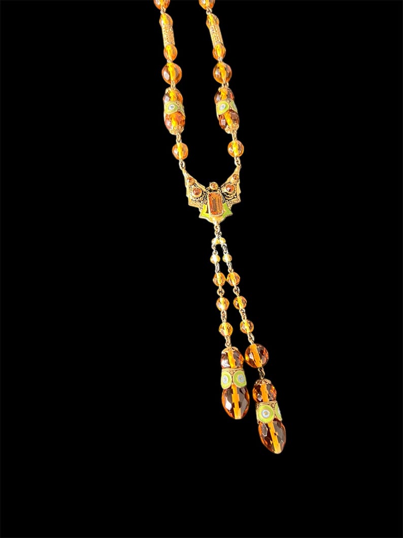 SOLD! Antique Art Nouveau 1880 - 1914 Czech Amber Glass Elaborate Filigree Brass Metal and Enameled Long Necklace