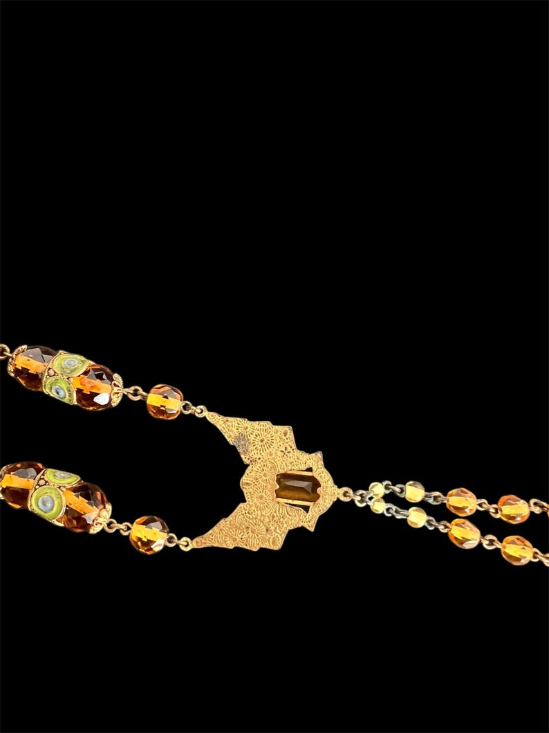 SOLD! Antique Art Nouveau 1880 - 1914 Czech Amber Glass Elaborate Filigree Brass Metal and Enameled Long Necklace
