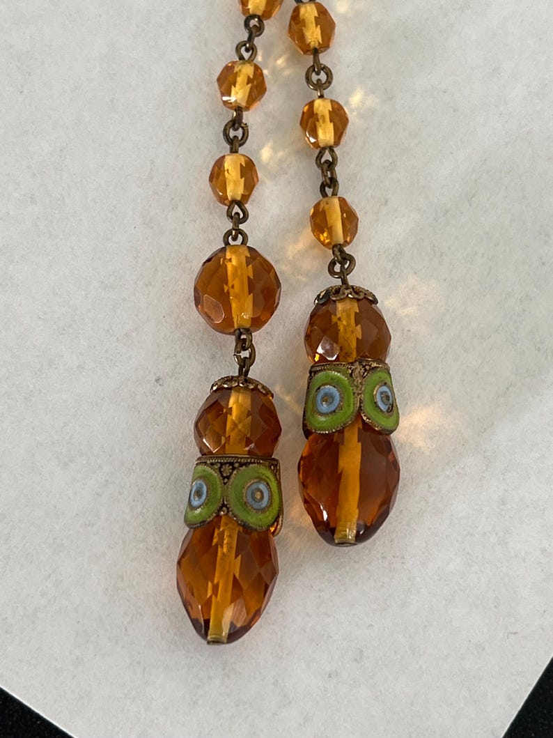 SOLD! Antique Art Nouveau 1880 - 1914 Czech Amber Glass Elaborate Filigree Brass Metal and Enameled Long Necklace
