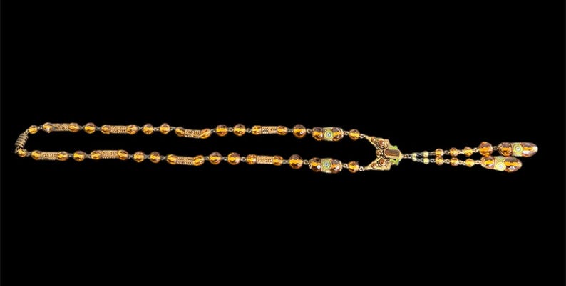 SOLD! Antique Art Nouveau 1880 - 1914 Czech Amber Glass Elaborate Filigree Brass Metal and Enameled Long Necklace