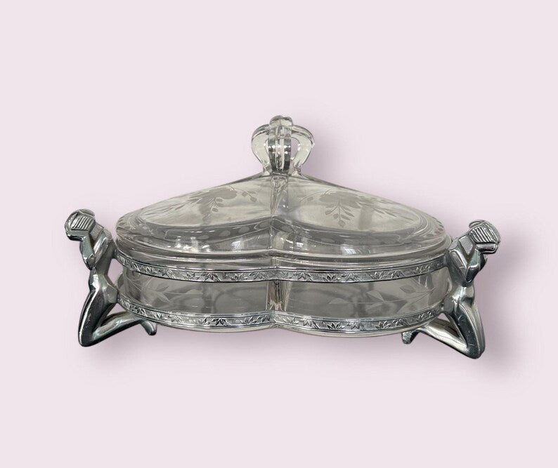 SOLD! 1930 Rare Art Deco Chrome and Glass Weeping Woman Antique Farber ware Condiment Serving Bowl
