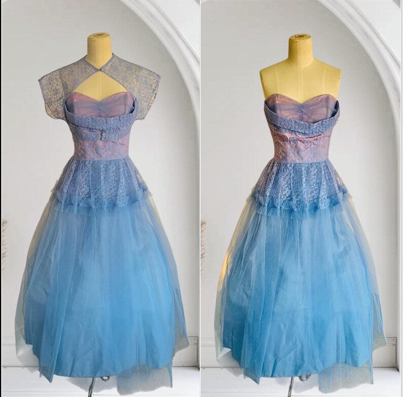 SOLD! 1950's Vintage Blue Periwinkle Tulle and Lace Party Prom Dress with Matching Bolero Cup Cake
