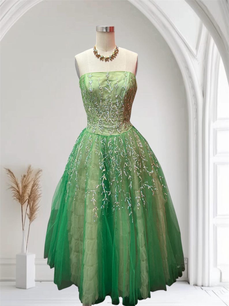 SOLD! 1940 1950 Vintage Bright Lime Green Tulle Party Prom Evening Gown Cup Cake