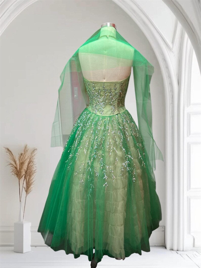 SOLD! 1940 1950 Vintage Bright Lime Green Tulle Party Prom Evening Gown Cup Cake