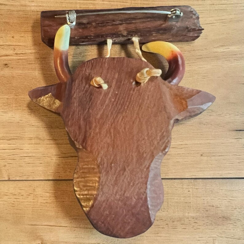 1940's Carved Bakelite and Wood Novelty Bull Brooch