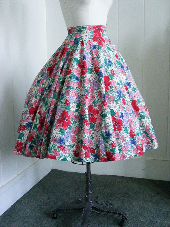 1950's Vintage Pink Floral Circle Skirt