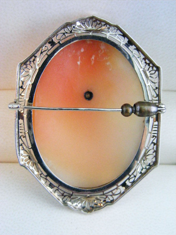 SOLD! Antique 1800's Vintage Large 14k White Gold Cameo Diamonds Habille Filigree Brooch Pin