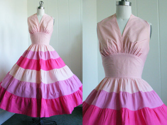 SOLD! 1950's Vintage Shades of Pink Halter Shelf Bust Dress Rockabilly VLV Viva Las Vegas