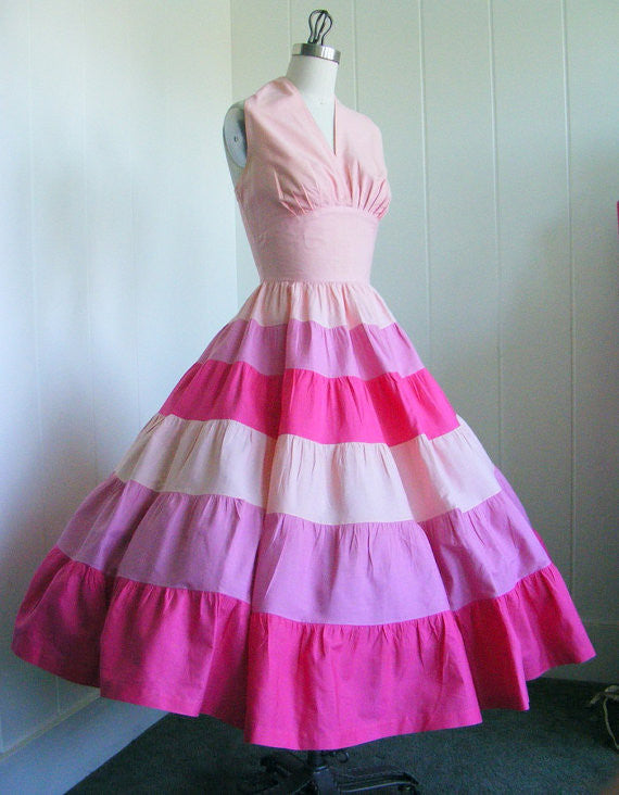 SOLD! 1950's Vintage Shades of Pink Halter Shelf Bust Dress Rockabilly VLV Viva Las Vegas